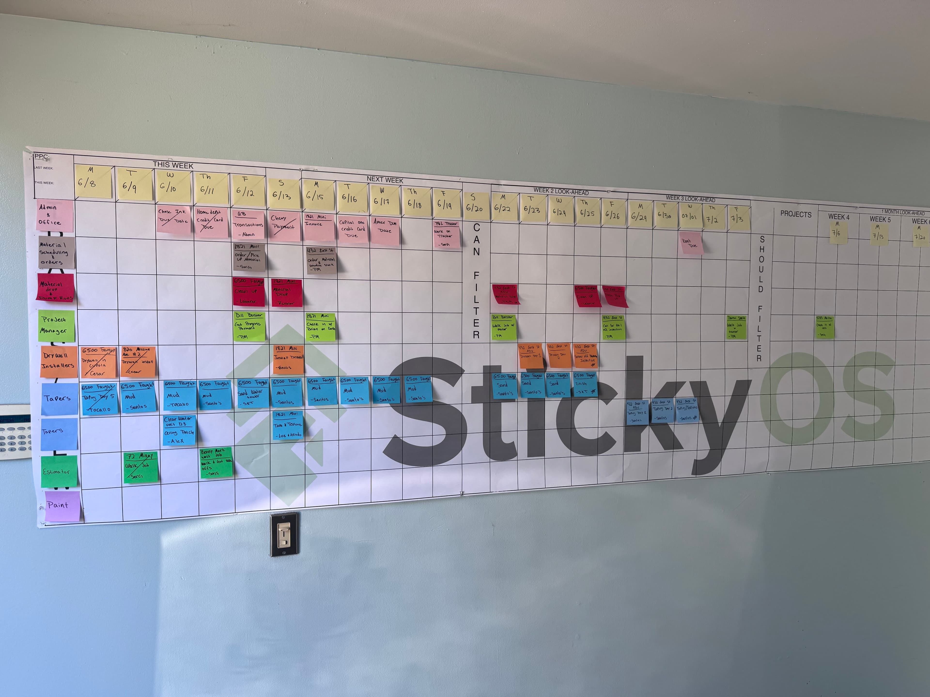 Visual scheduling board tracking drywall projects, crews, and phases