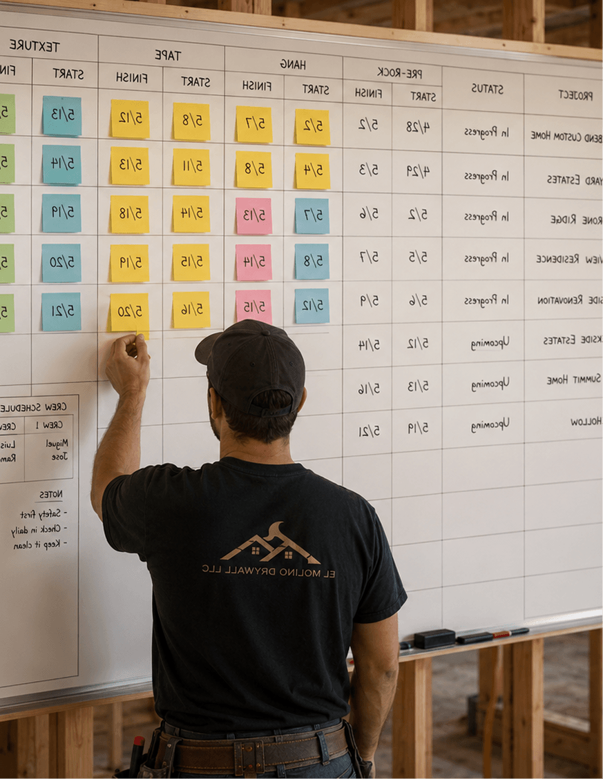 Sergio Raygoza reviewing the project scheduling board