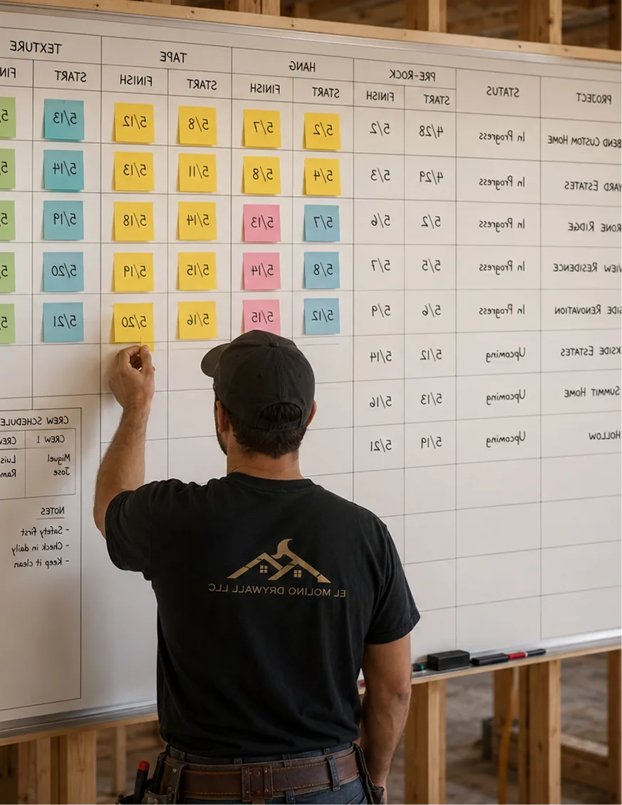 Sergio Raygoza reviewing the project scheduling board