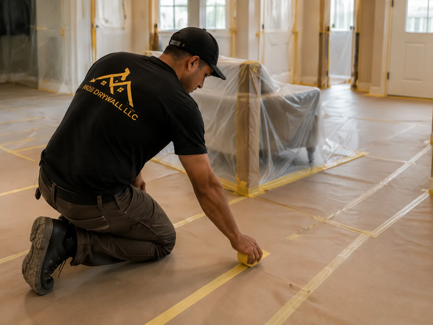 Drywall professional applying floor protection on a jobsite